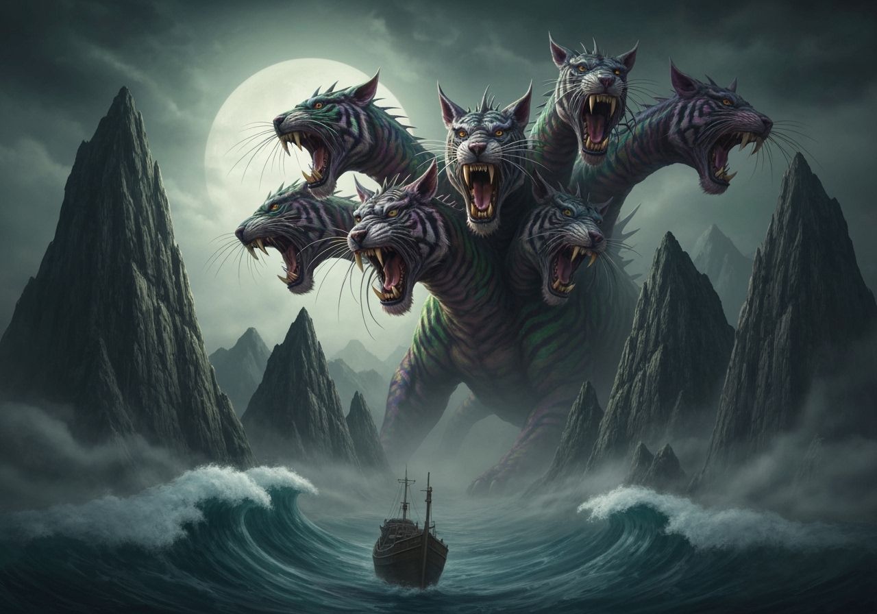 Mythical Hydra Creature with Six Hybrid Heads