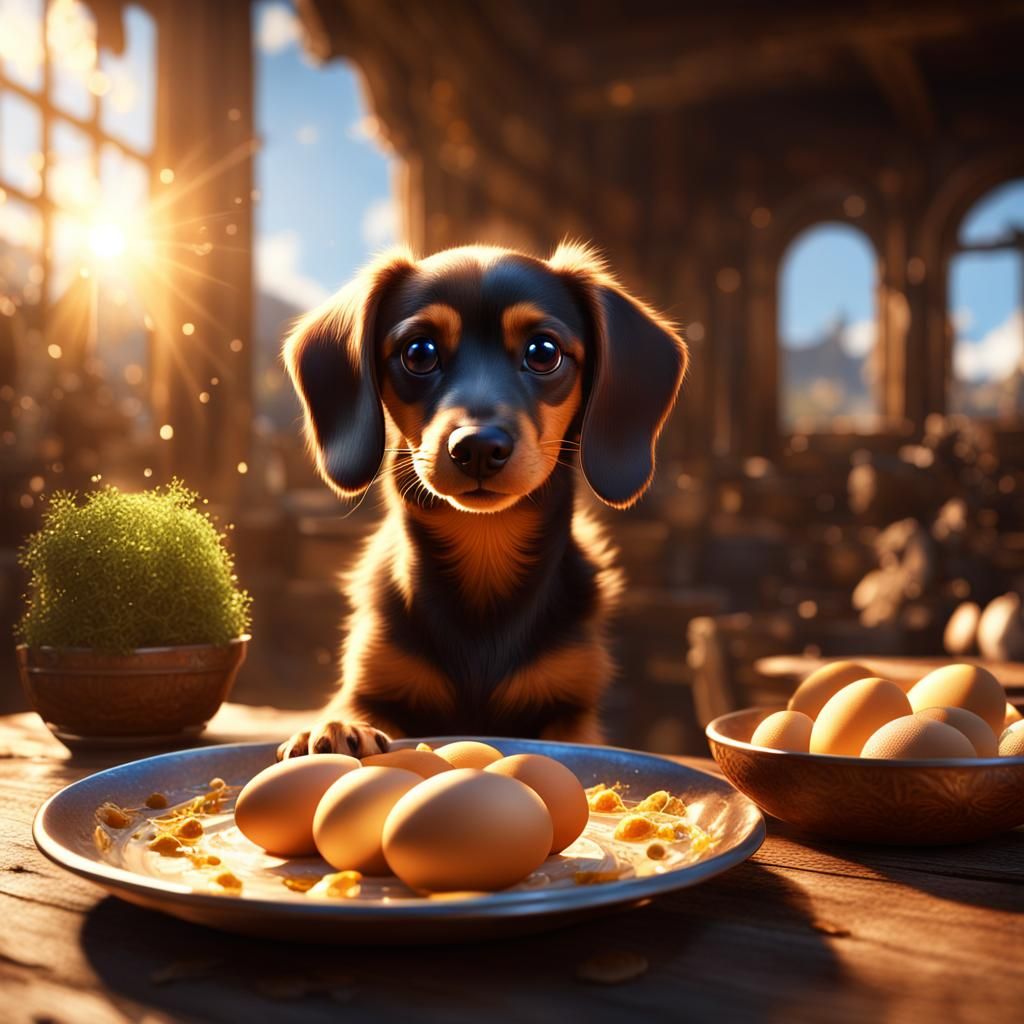 Puppy Enjoys Eggs in Sunlight: Fantasy Matte Painting