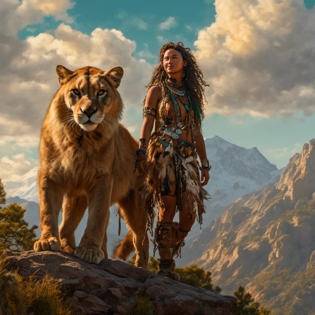 <lora:Youyou:1.0> a Tan skin woman <lora:Native woman:1.0> and a mountain lion on a cliff hyperrealistic green golden wh...
