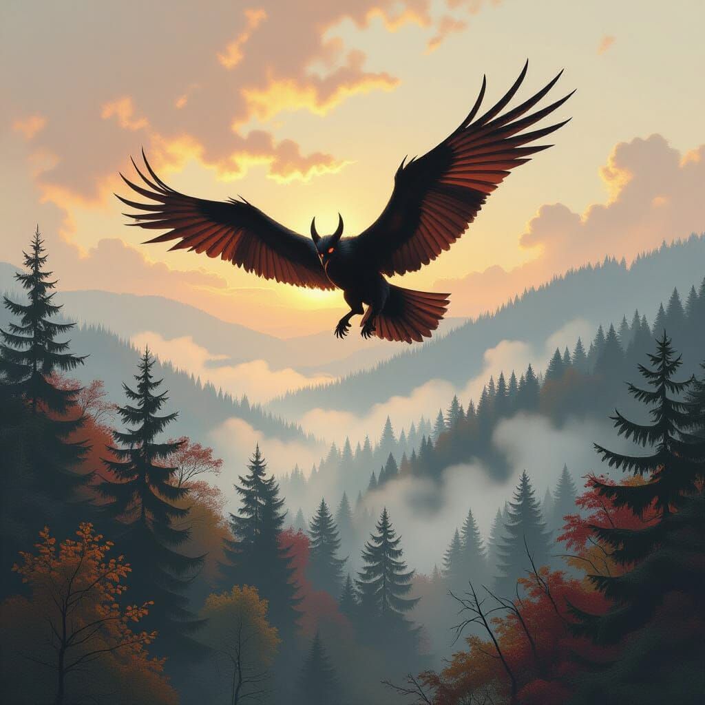 Jersey Devil Soaring Over Misty Forest, Romantic Style