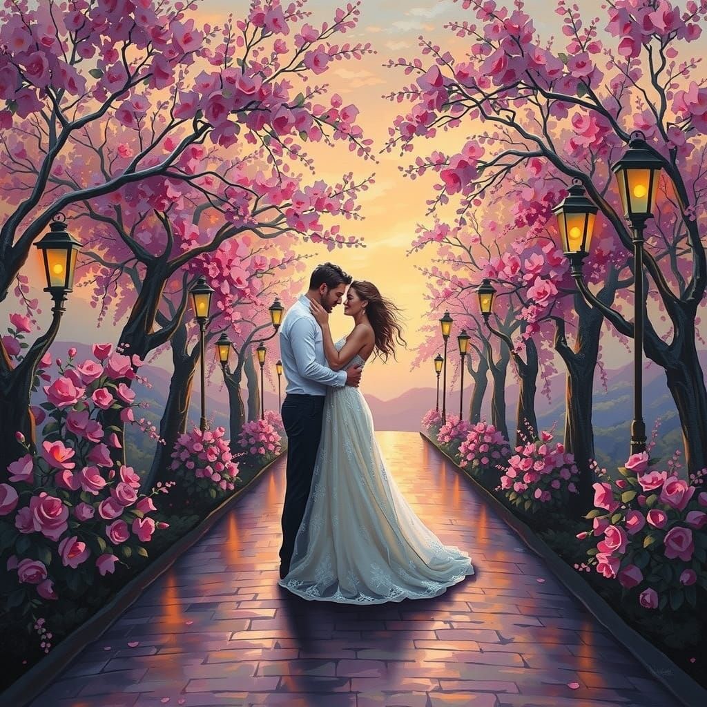Romantic Couple in a Whimsical Garden at Sunset