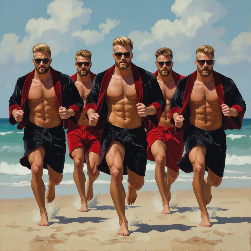 Five Muscular Men Running on Beach in Impasto Style