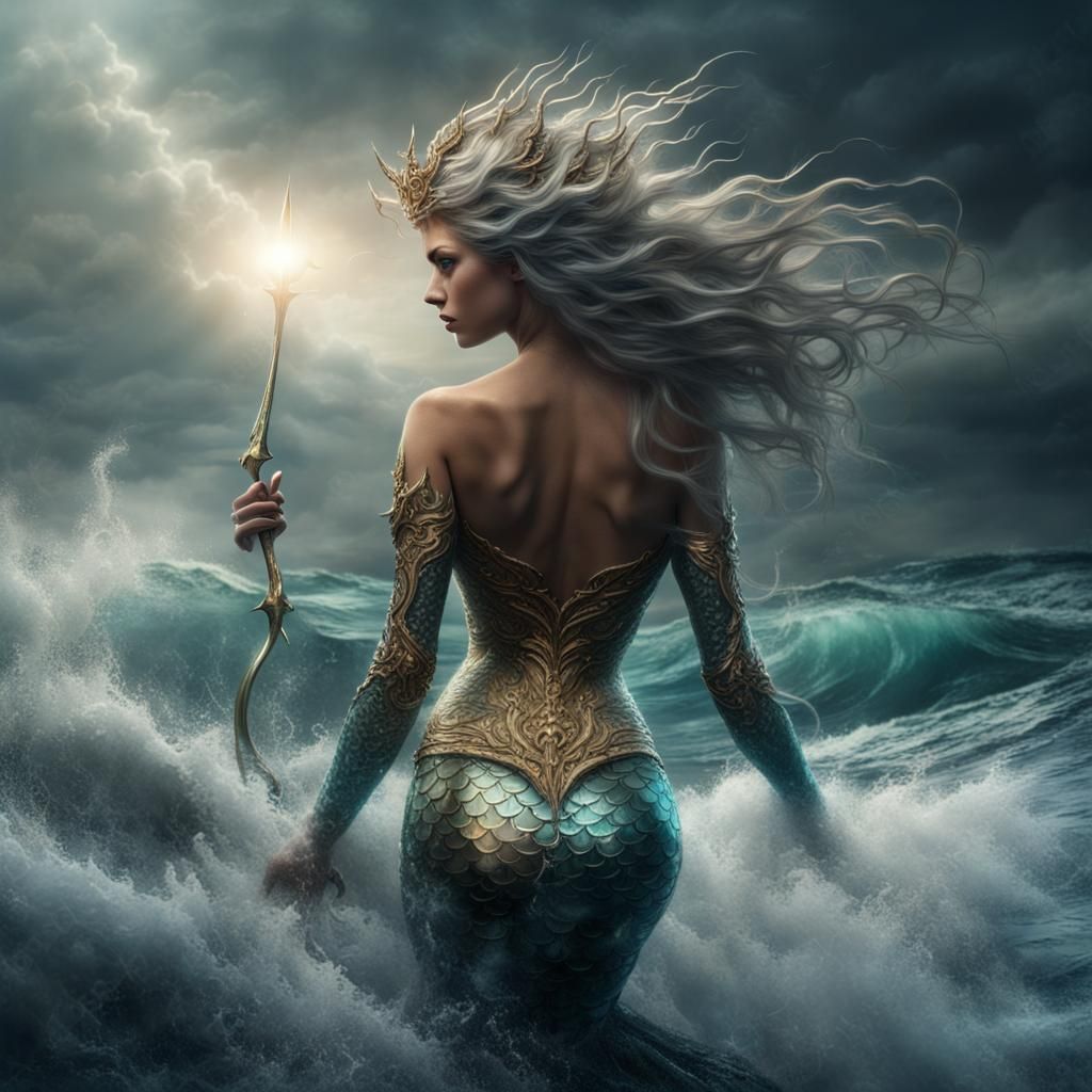 Sparkling Mermaid with Trident in Stormy Seas