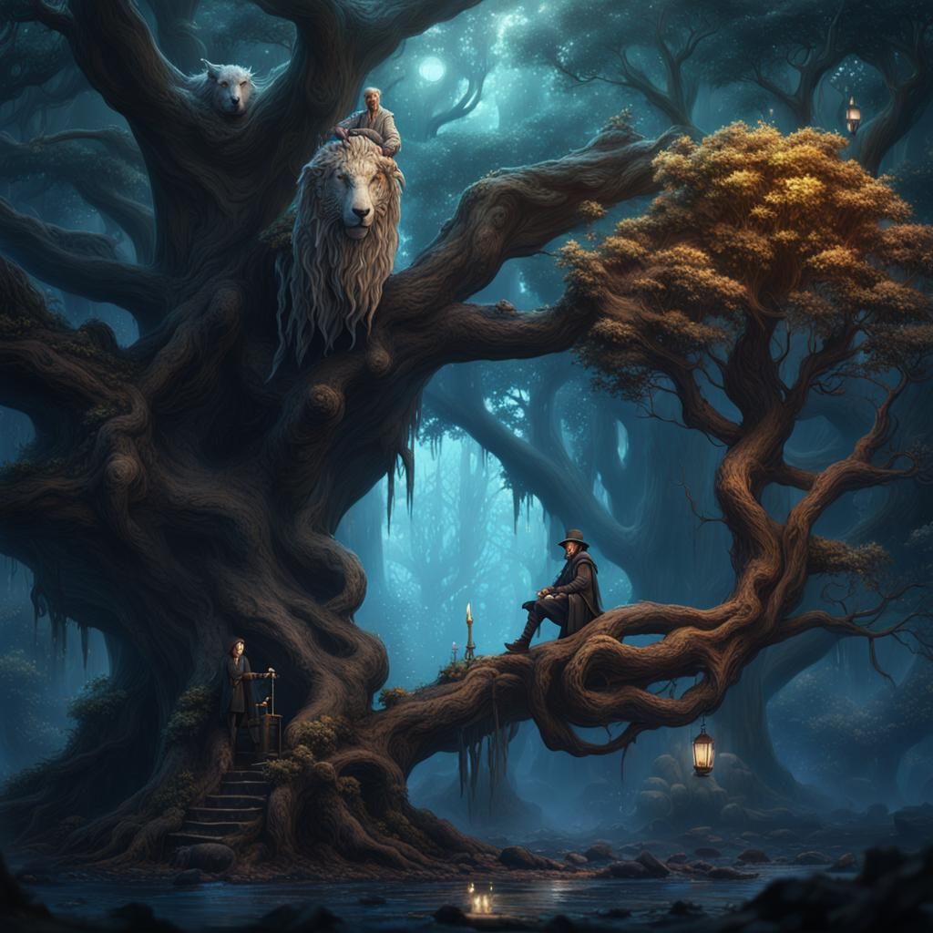 Humanoid Elder Tree with Magical Animal Companion