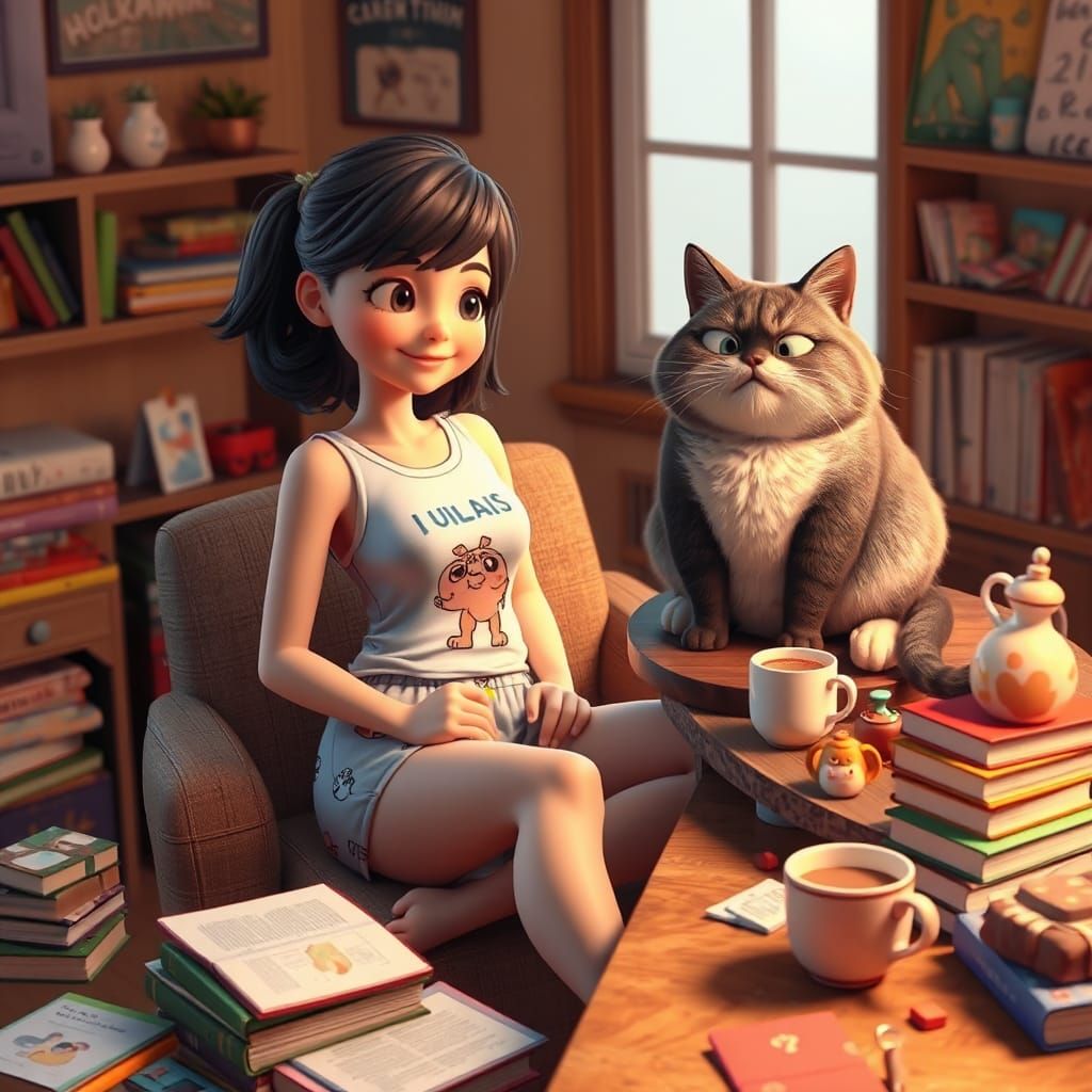 Cozy 3D Rendering: Girl with Cat in Warm Setting