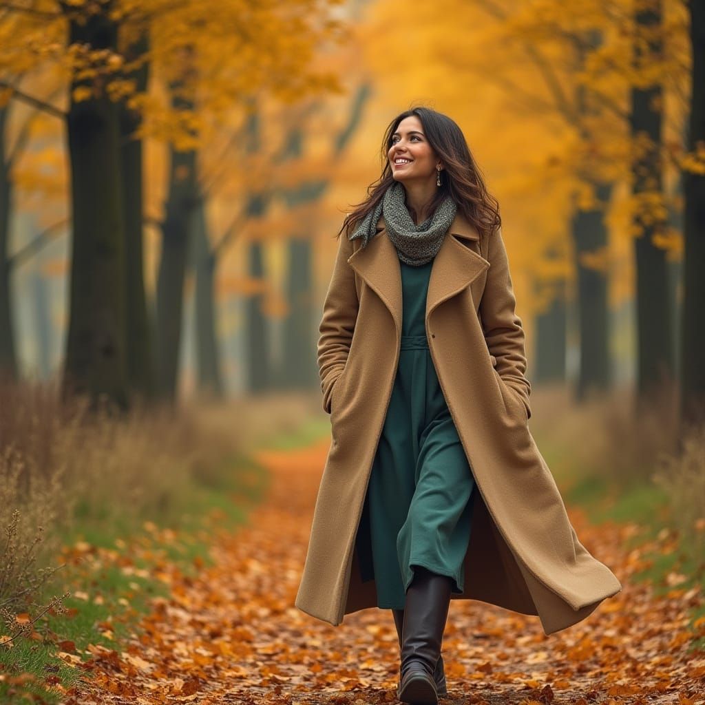 Elegant Woman Admiring Autumnal Forest, Realistic Style