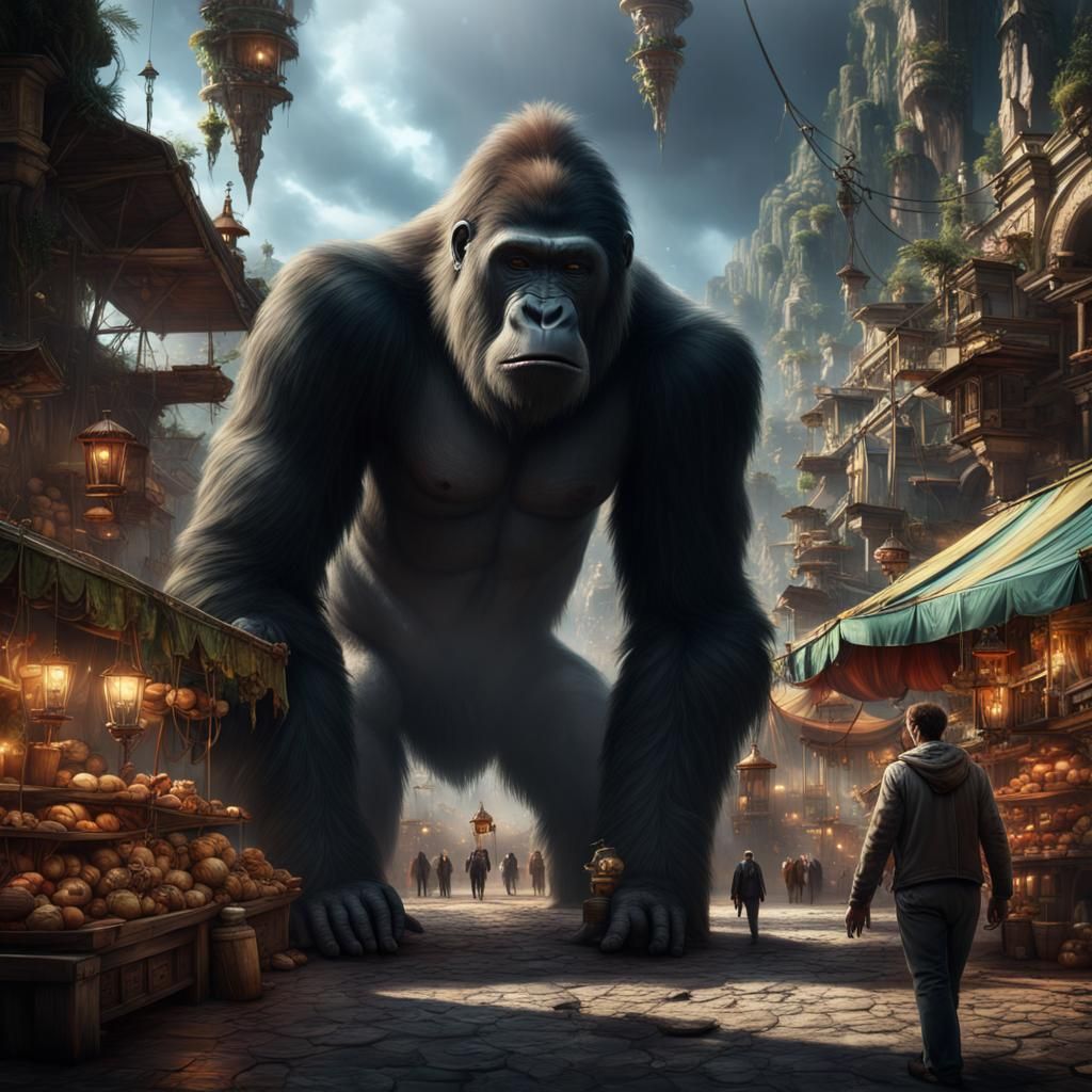 Magical Upside-Down Marketplace with Man and Gorilla