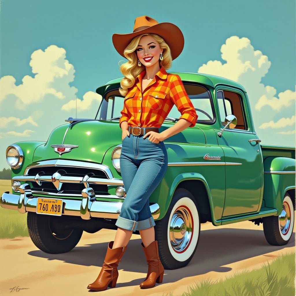 1950s Pin Up Cowgirl with Classic Dodge Truck Painting