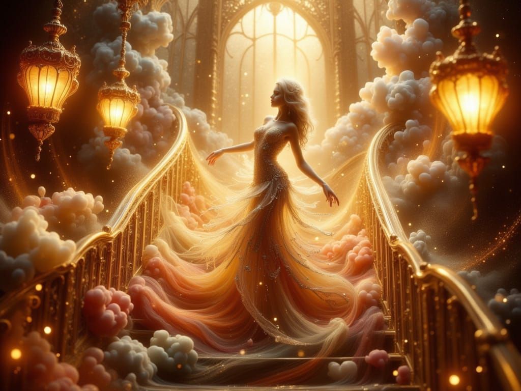 Fae in Ballroom Dress with Golden Staircase