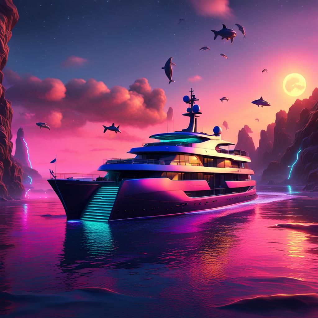 Neon Sea Coalition: Yacht, Dolphins, and Fish