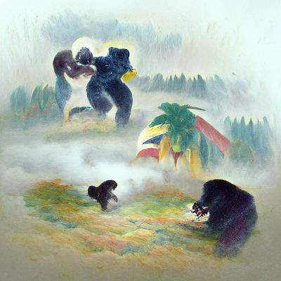Bear and Gorilla Battle in Misty Wilderness
