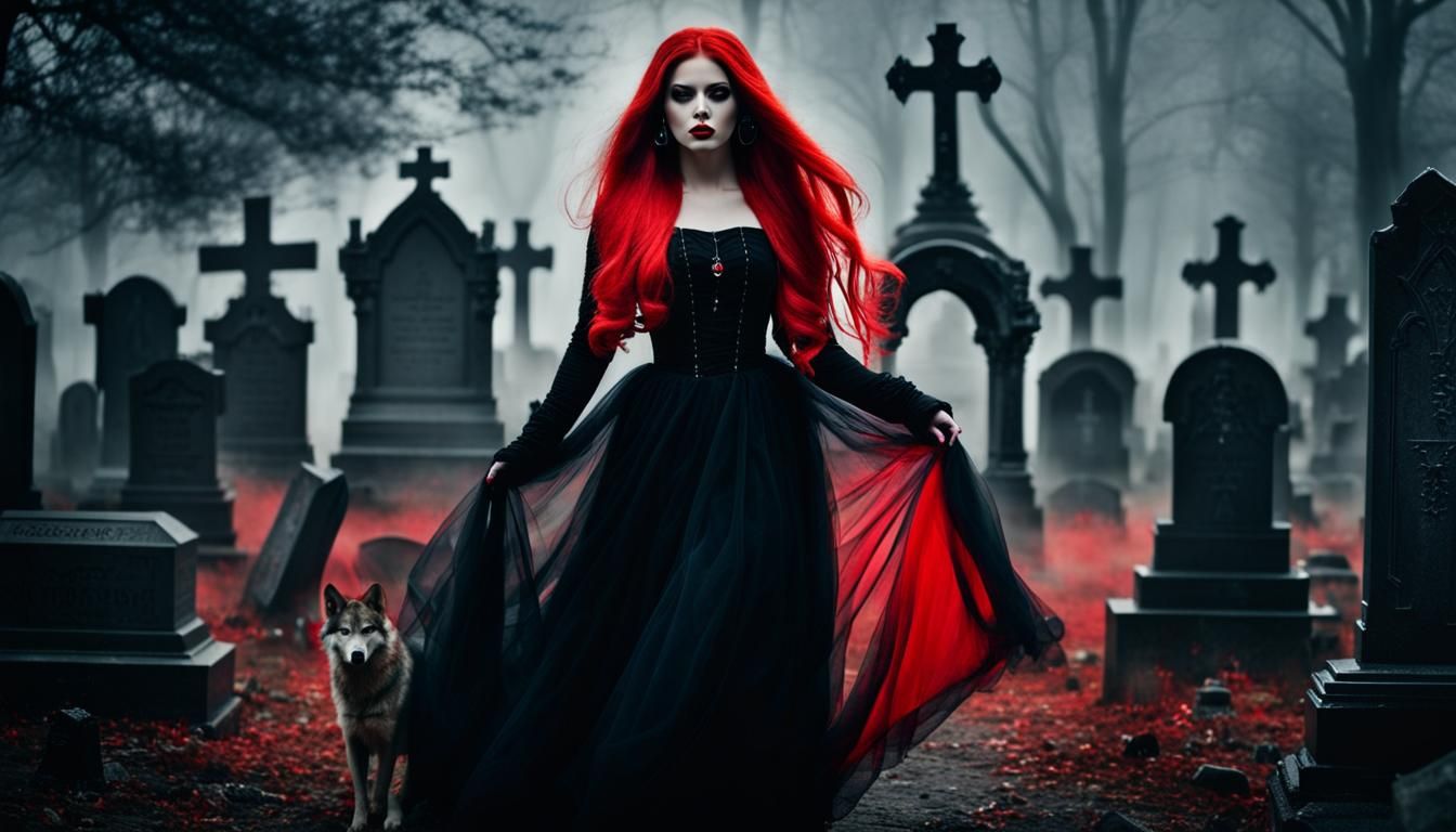 Gothic Woman with Red Hair in Misty Cemetery