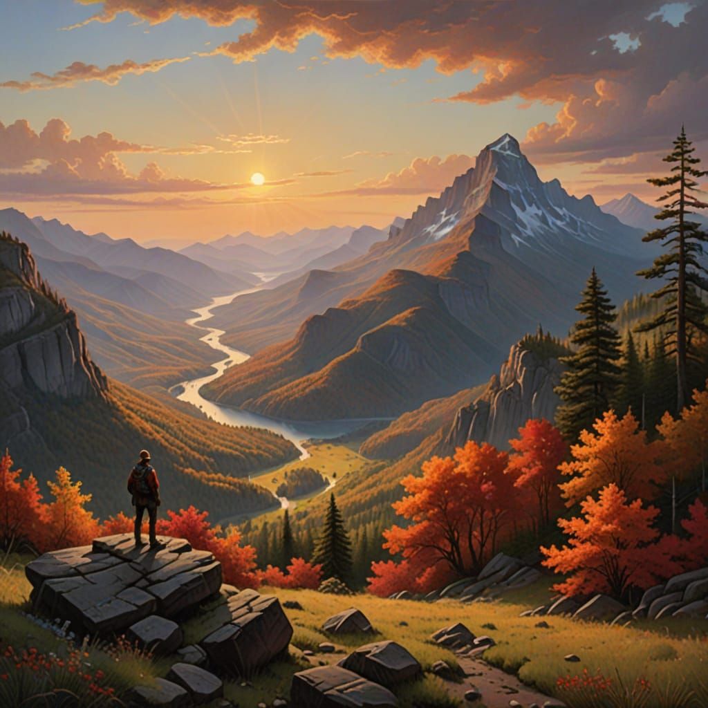 Lone Figure Gazing at Sunset in Hudson River Style