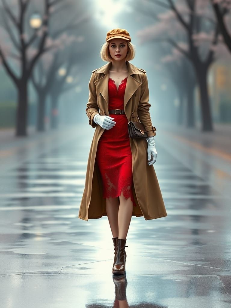 Woman in Red Dress Walking on Reflective Street