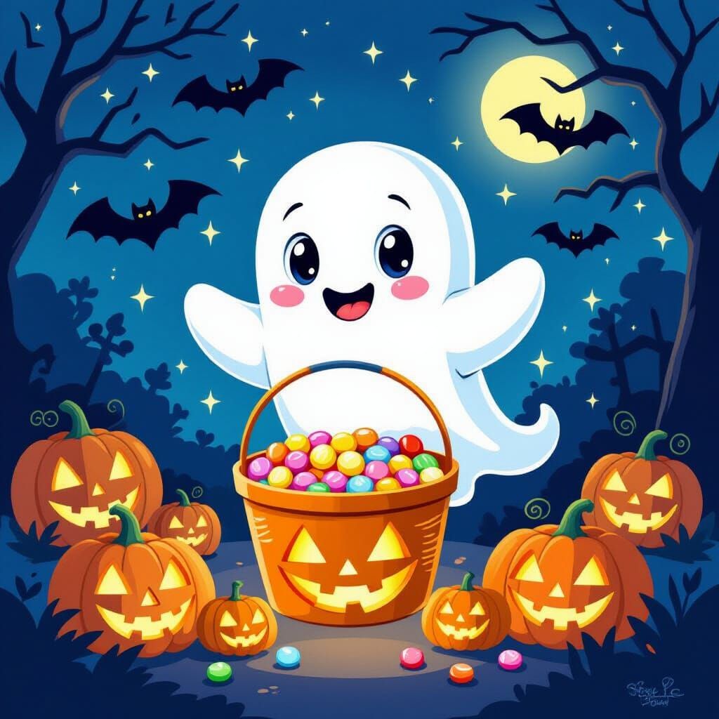 Cute Ghost with Candy Bucket Among Glowing Pumpkins and Bats