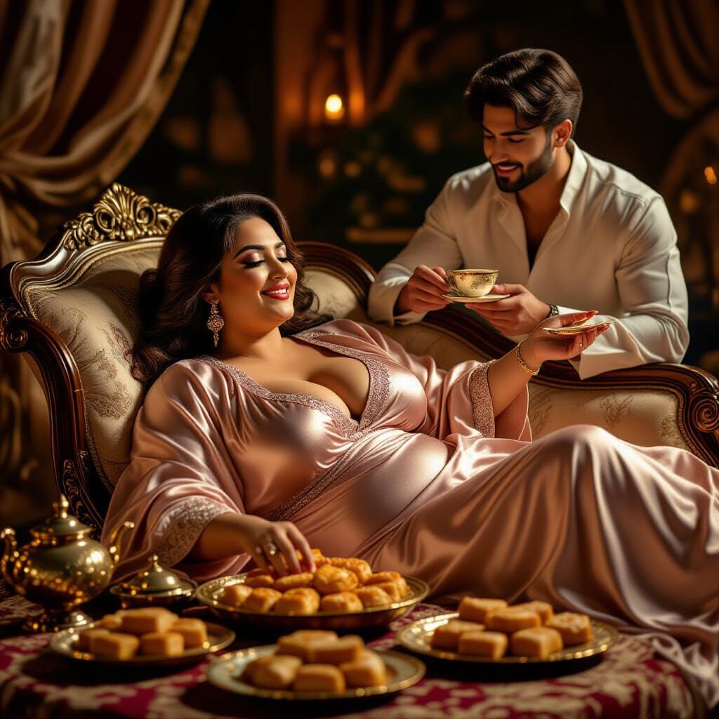 Opulent Persian Woman Reclining on Chaise Lounge