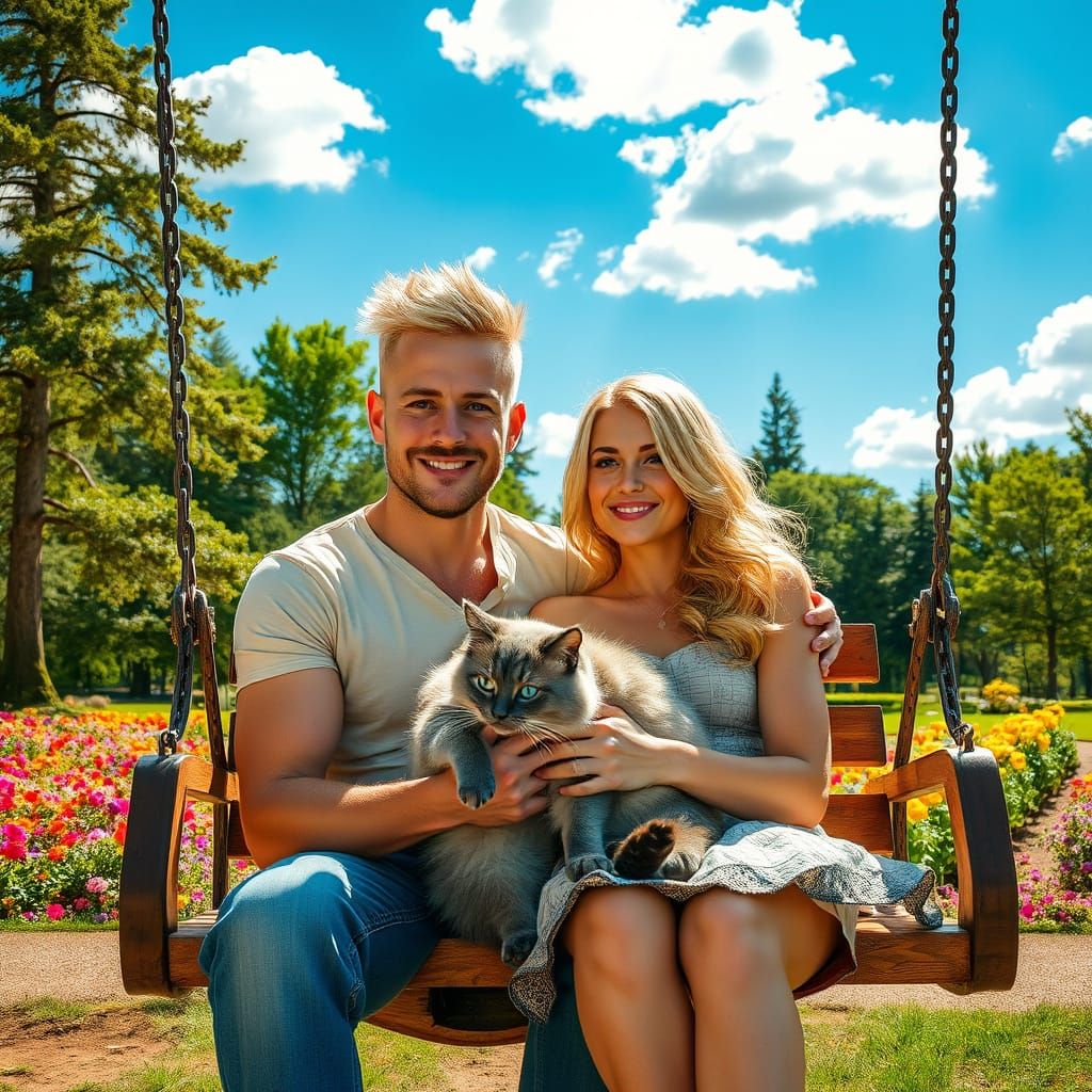 Sun-Kissed Couple Relax in a Lush Park Swing