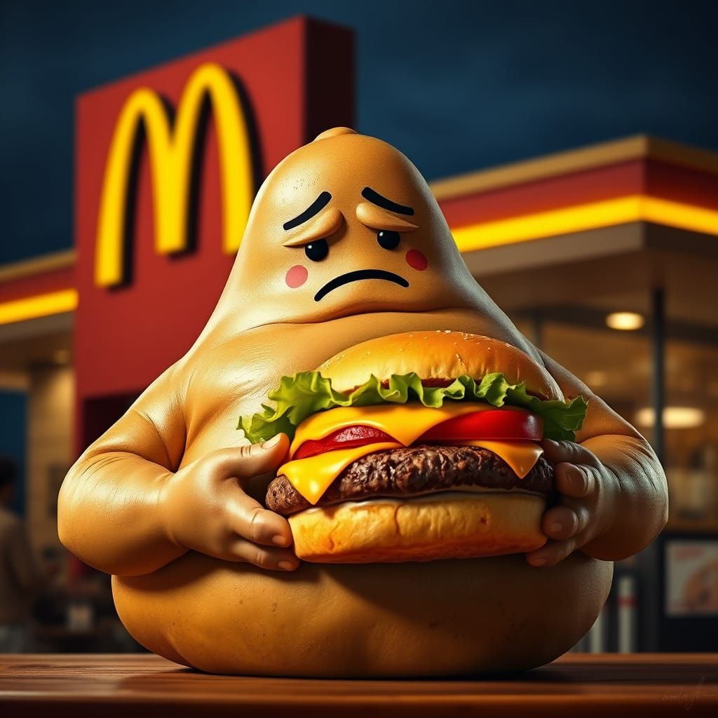 Bald Potato Contemplates Juicy Burger in McDonald's
