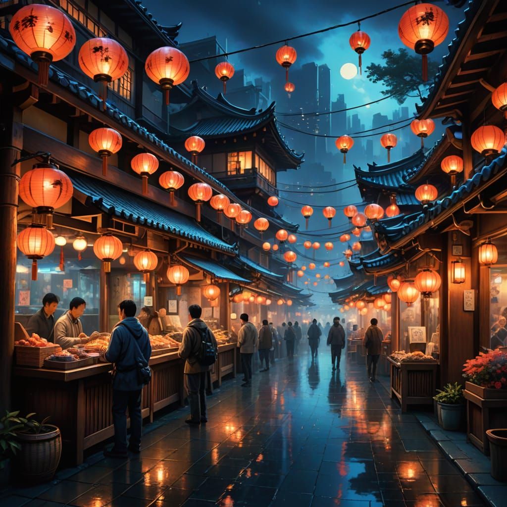 Ethereal Tokyo Night Market in Vibrant Fantasy Style