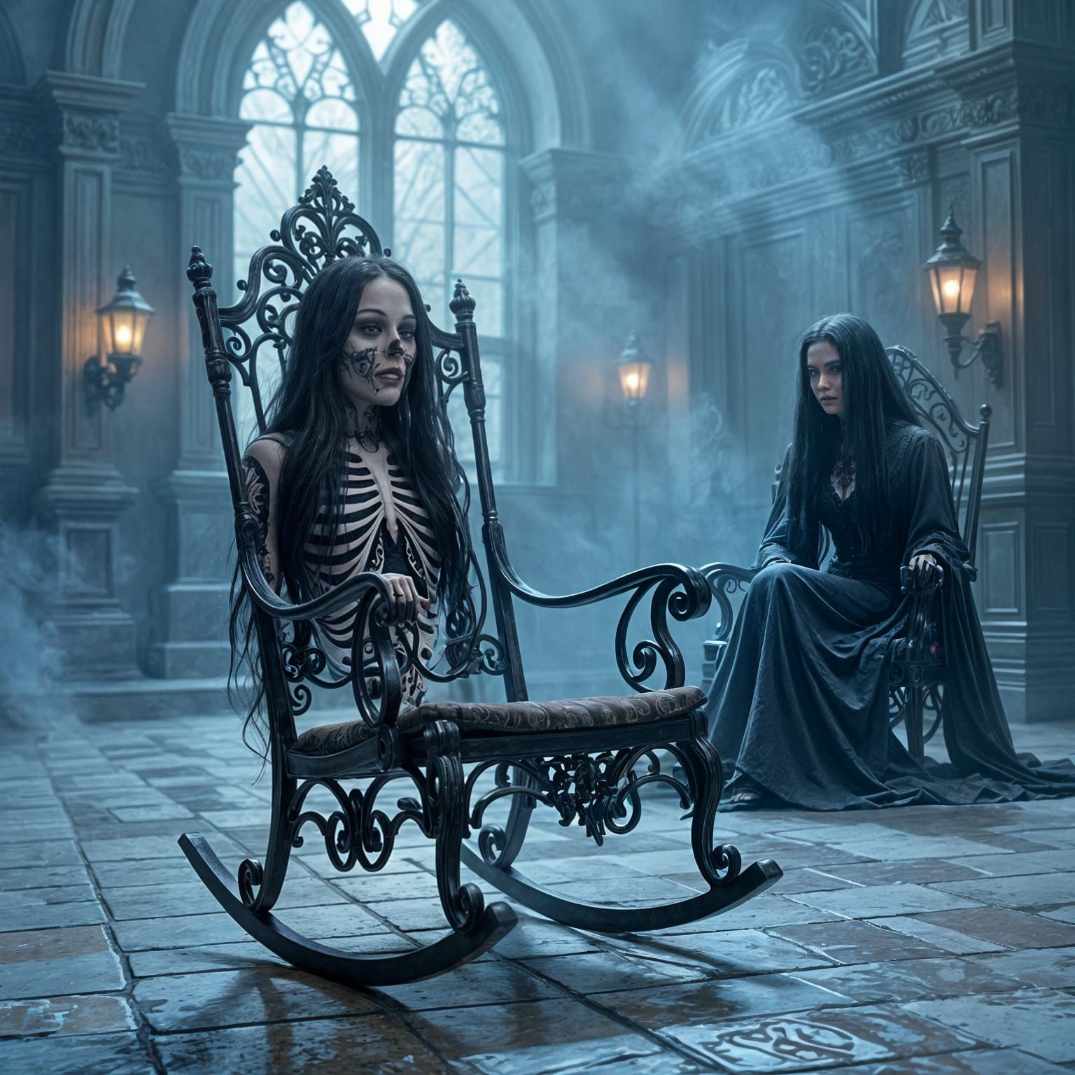 Gothic Rocking Chair in Haunted Mansion, Digital Art