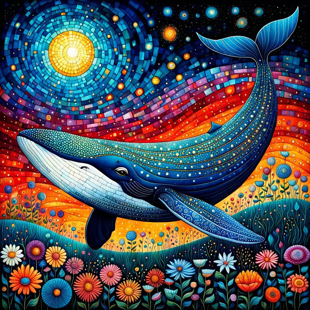 Blue Whale Over Fantasy Flower Field in Tapestry Art