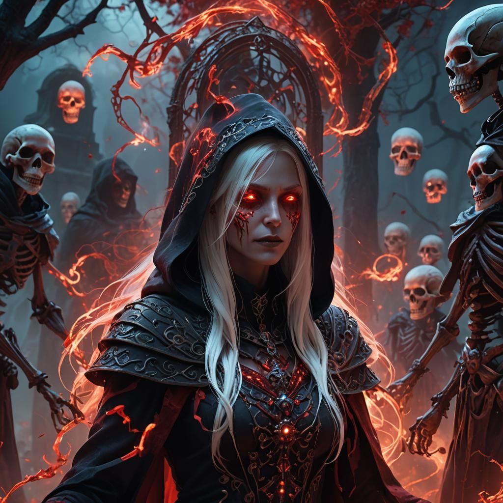 Hooded Necromancer Summons Skeletons in Cemetery