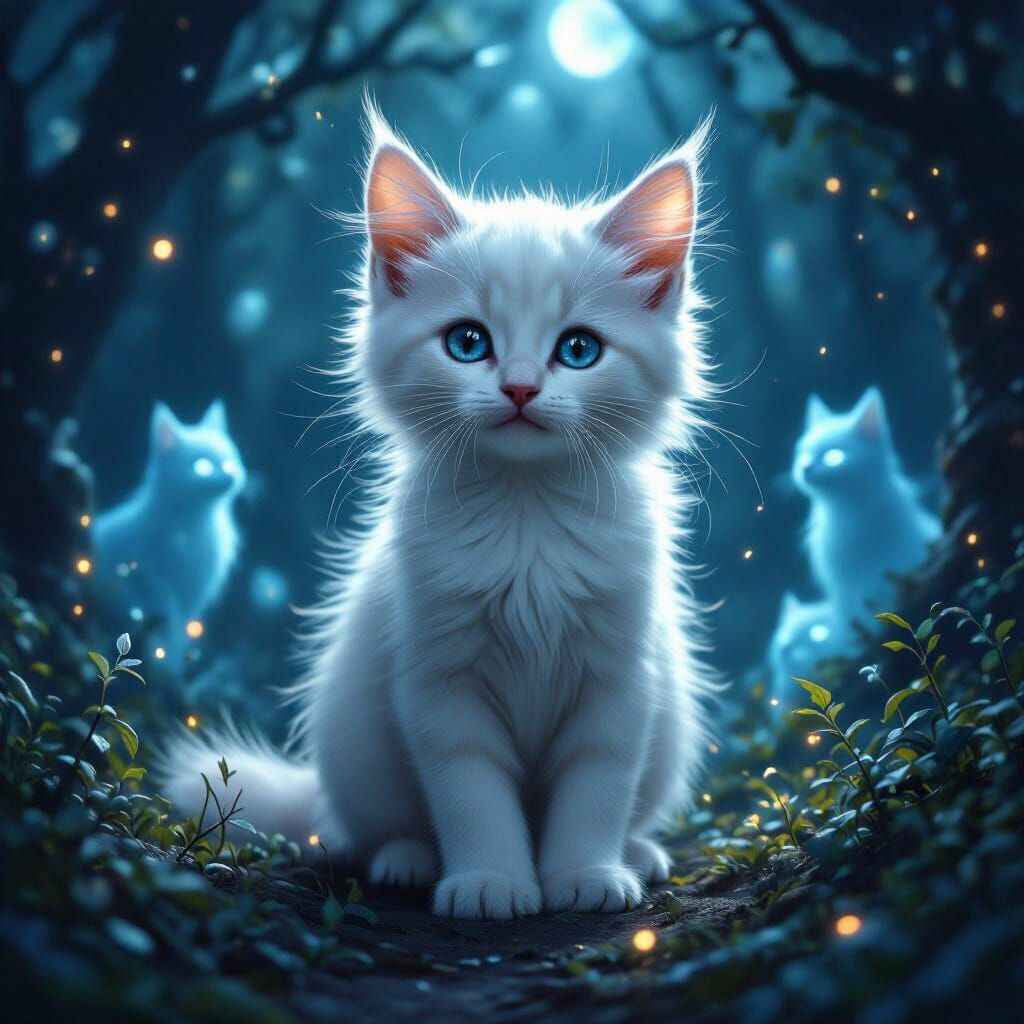 Mystical Kitten in Moonlit Forest: Digital Art