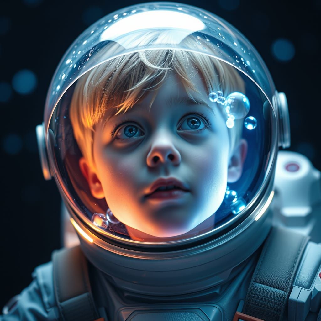 Young Boy in Cosmic Space Suit with Glowing Aura