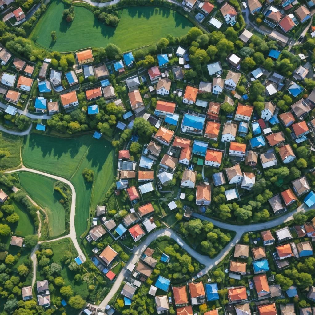 Vibrant Abstract Aerial Villagescape in Triadic Colors