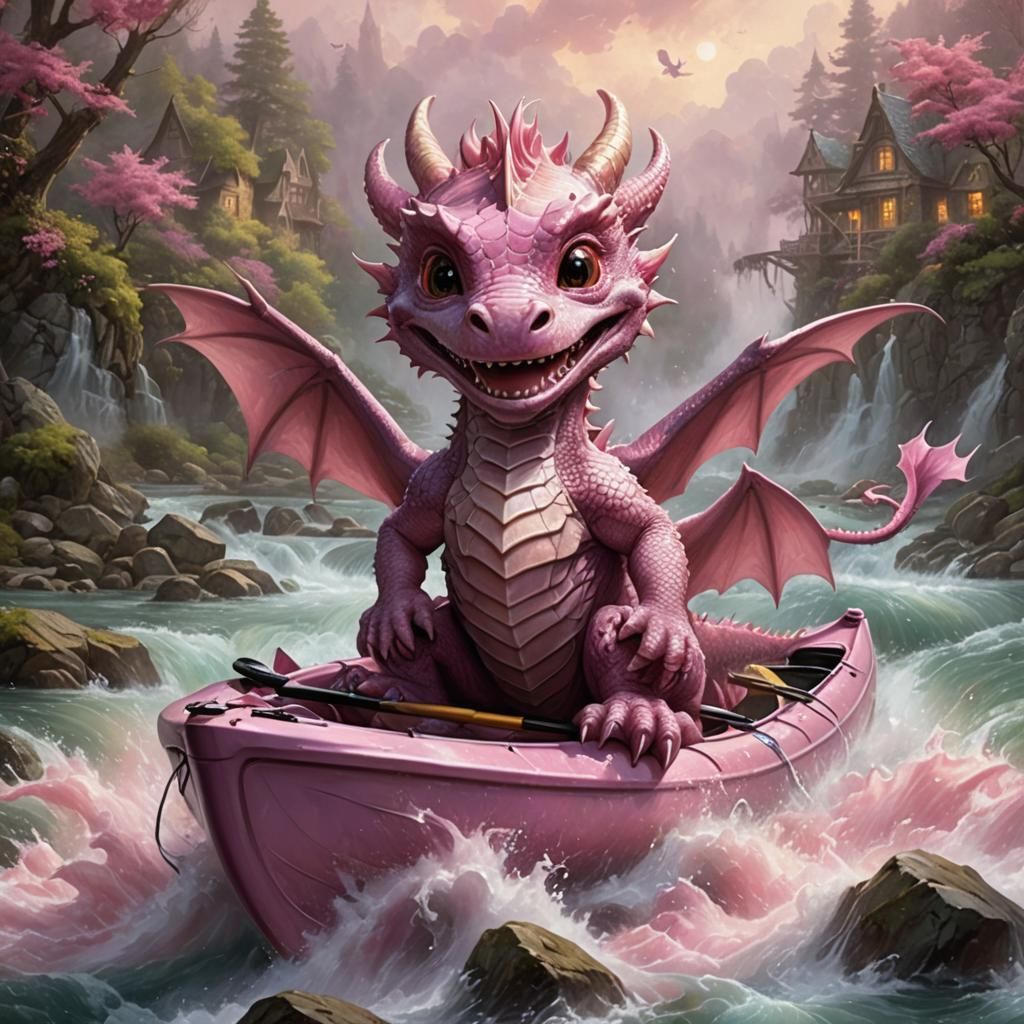 Pink Dragon Kayaking in Raging River, Kinkade Style