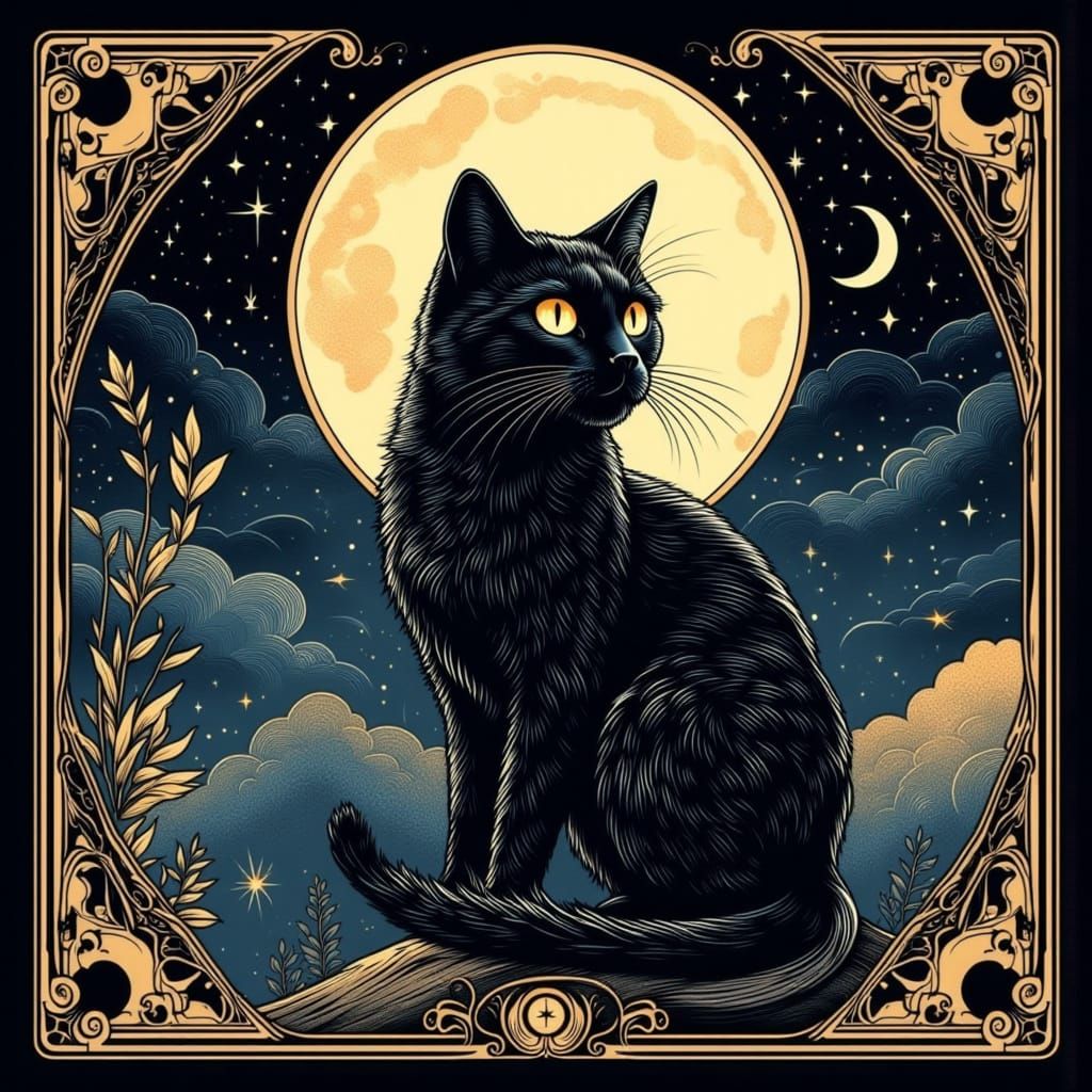 Mystical Black Cat in Neo-Traditional Tattoo Style