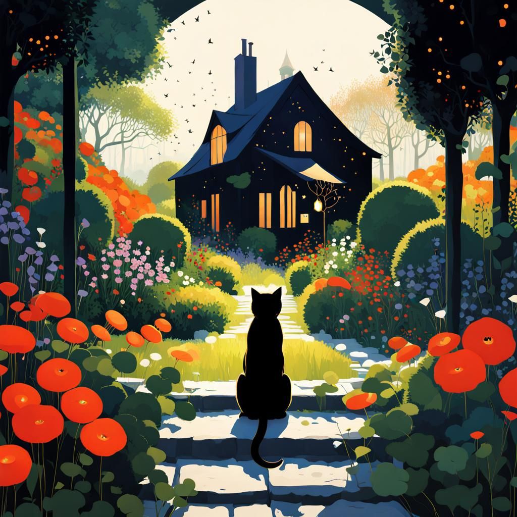 Black Cat in Occult Garden Art