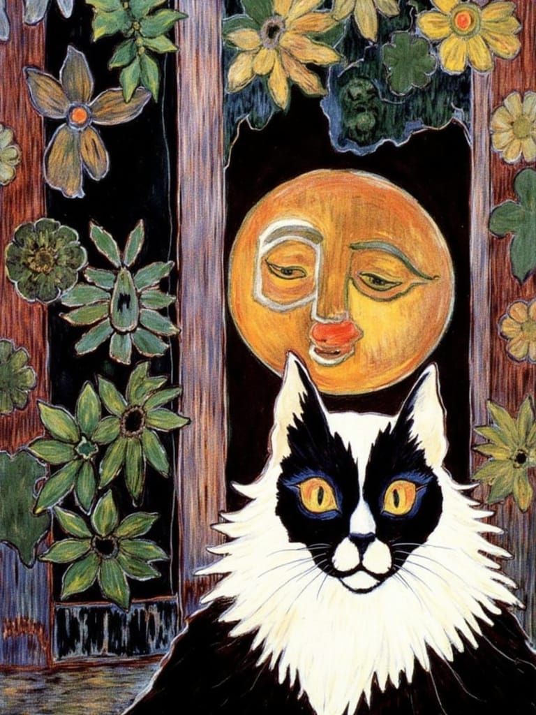 Ethereal Bohemian Black Cat in Vibrant Collage Style