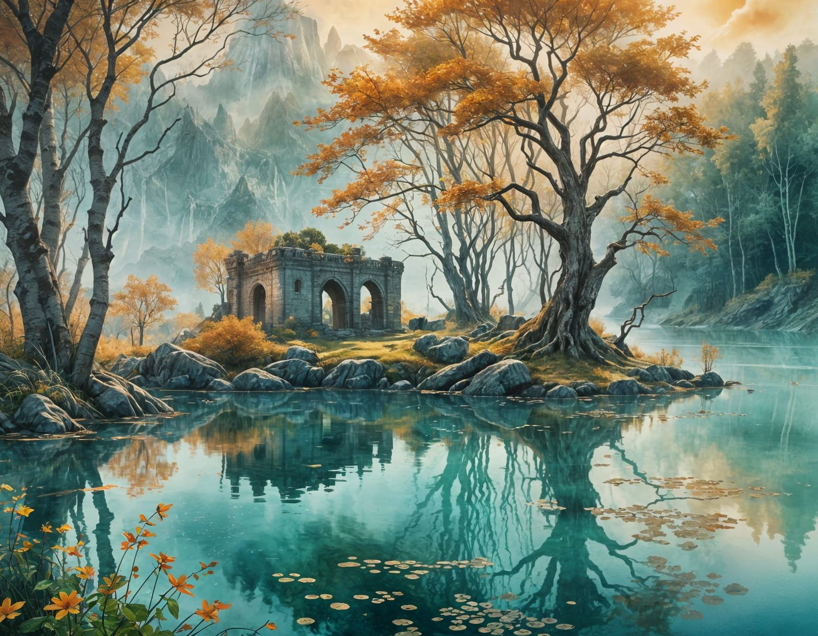 Serene Lost Island Floating Above Lake: Watercolour Painting