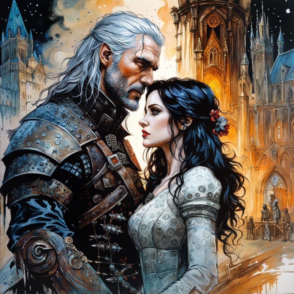 Geralt and Yennefer in Dark Fantasy Style