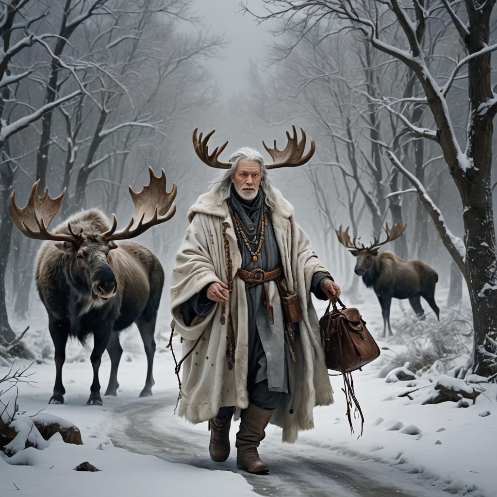 Sami Fortune Teller in Snowstorm with White Moose