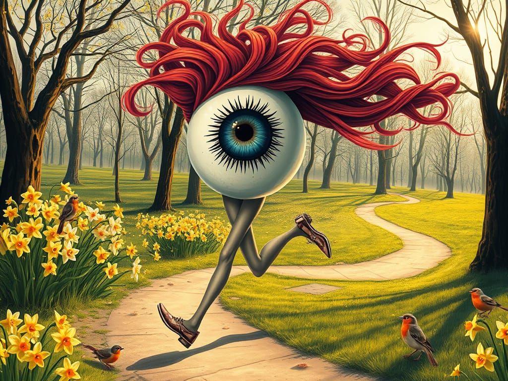 Surreal Eyeball Goddess Runs Through a Daffodil Garden