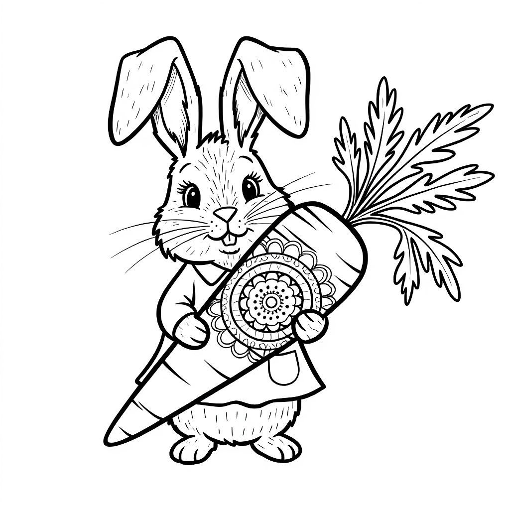 Cute Cartoon Bunny with Mandala Carrot Coloring Page