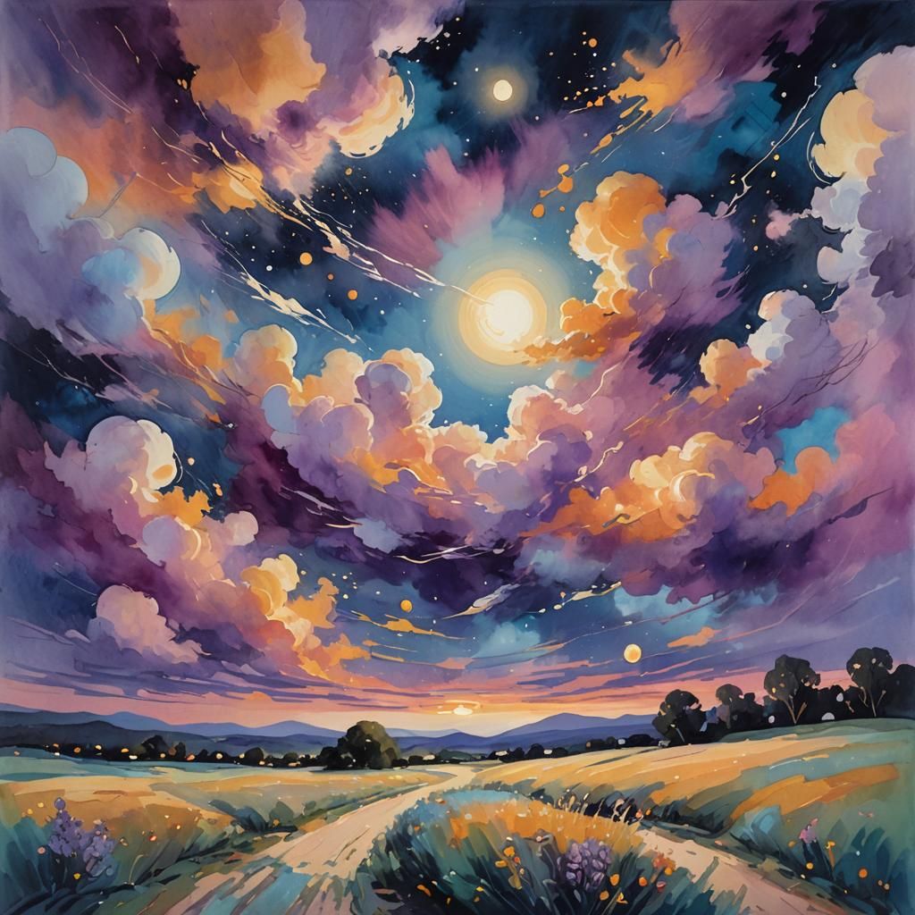 Glowing Orbs Dance in Impressionist Gouache Painting