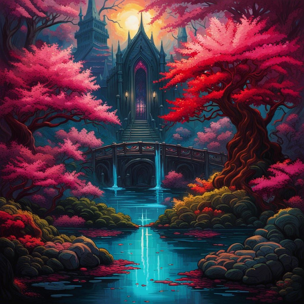 Gothic Water Garden Oil Painting in Crimson Sakura Forest