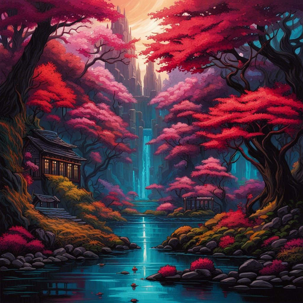 High Gothic Water Garden in Crimson Sakura Forest