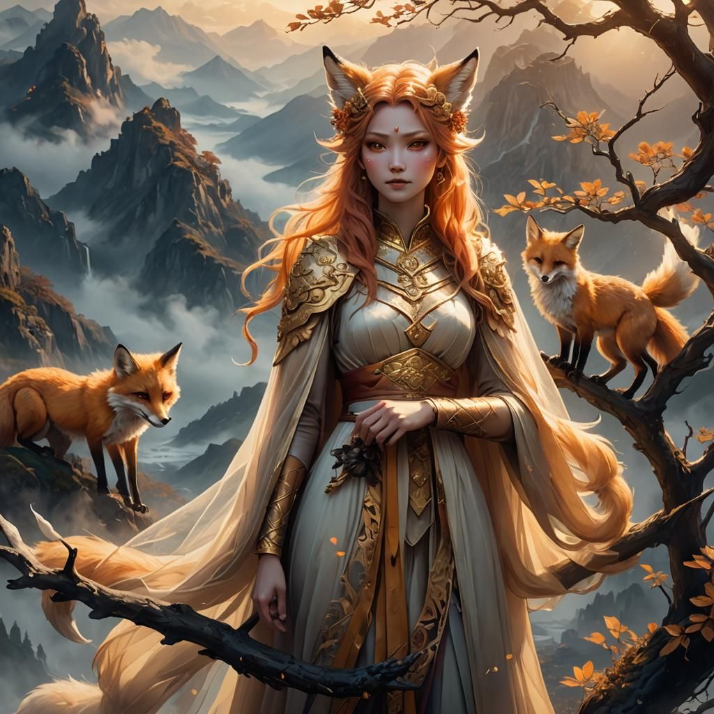 Anime Fox Queen in Misty Mountains