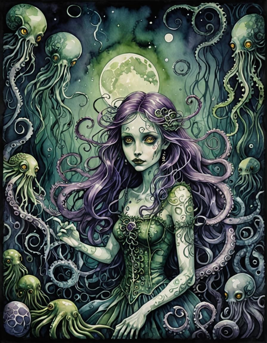 Eerie Sea Witch in Watercolor Art Style