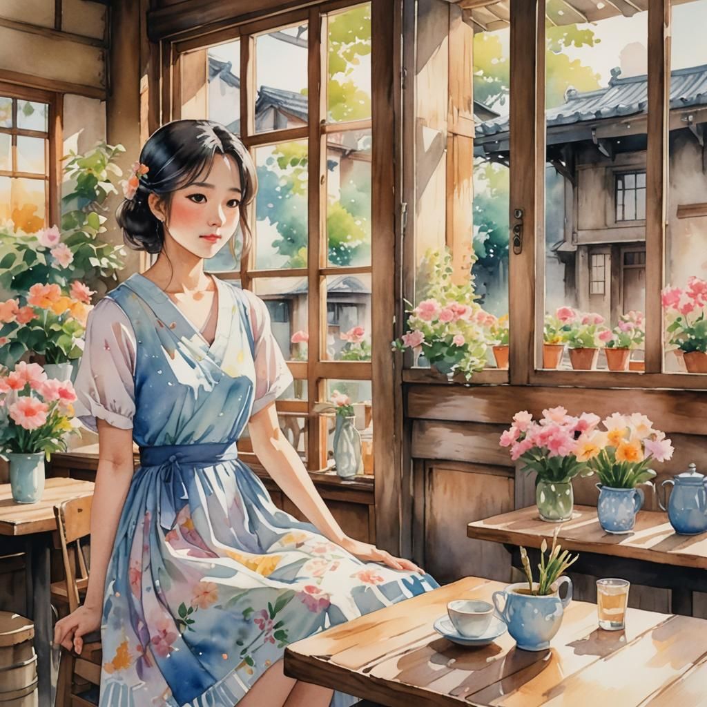 Friends Chatting in Cafe: Manga Watercolor Style