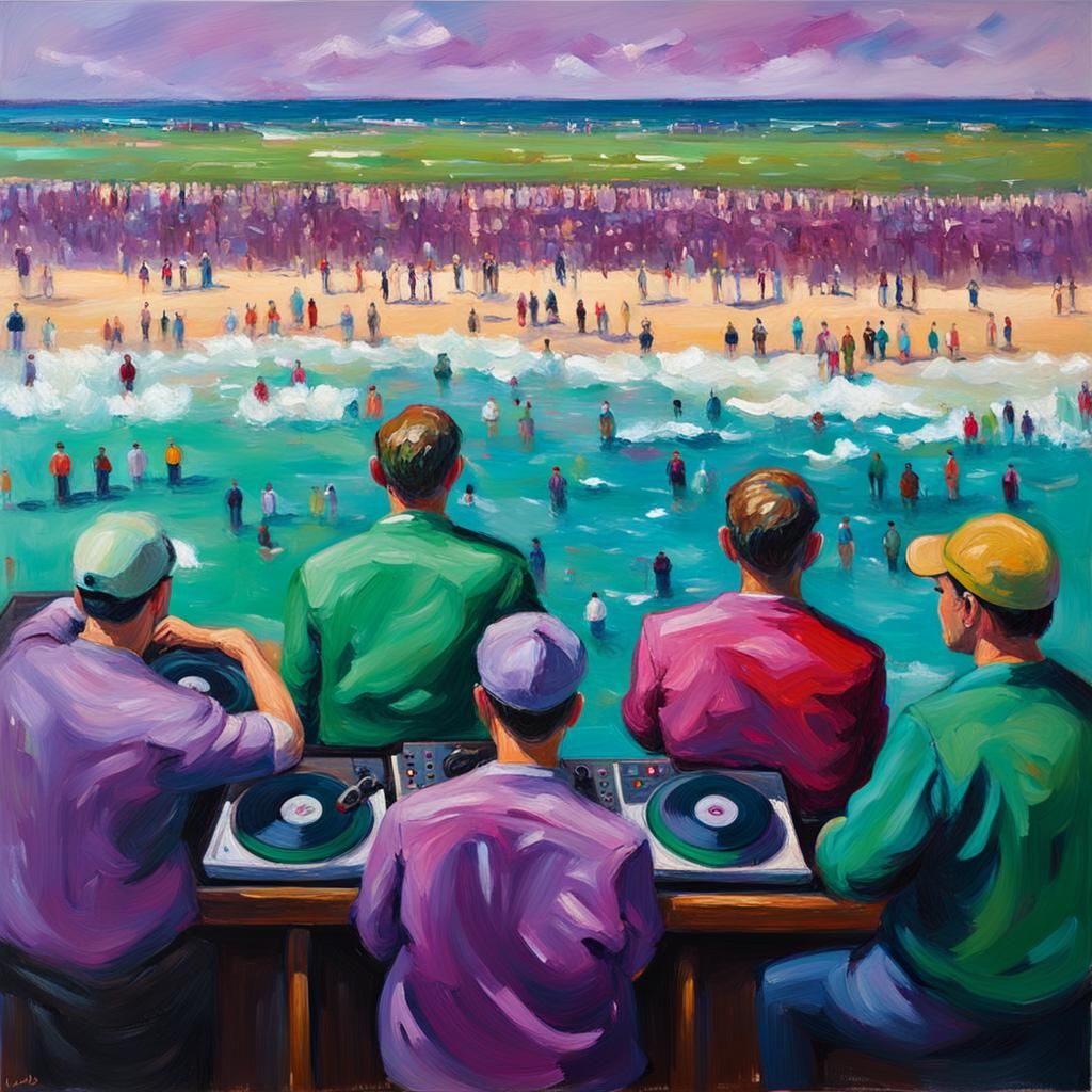 Beach Party Crowd in Expressionist Oil Painting