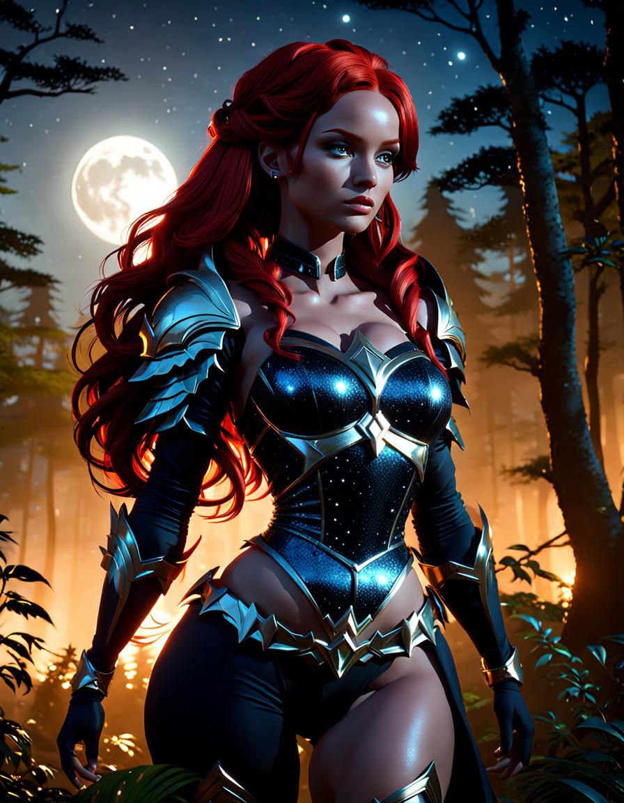 Redhead Amazon Silhouette in Moonlit Landscape