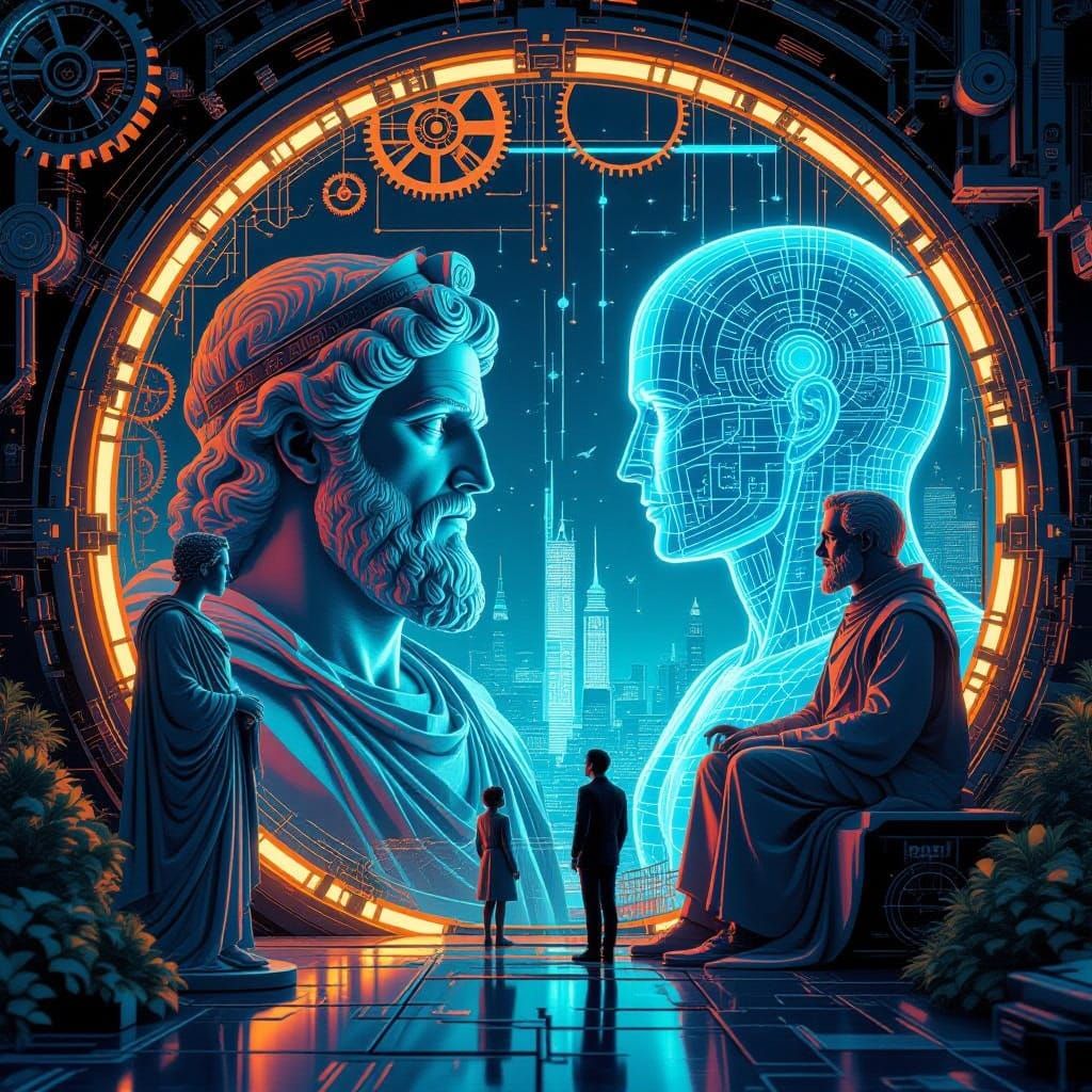 Futuristic AI History Diorama in Neon-Lit Style