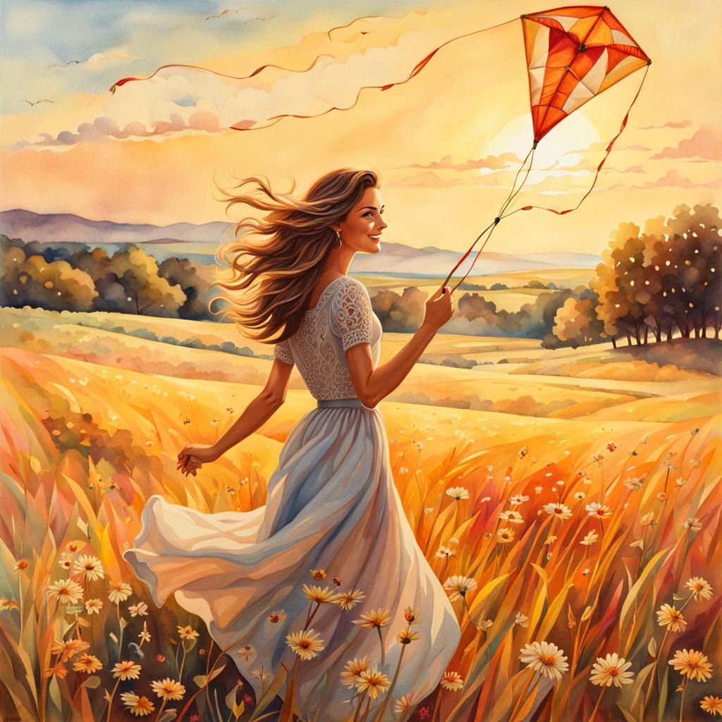 Woman Flying Kite in Meadow: Hyperrealistic Watercolor
