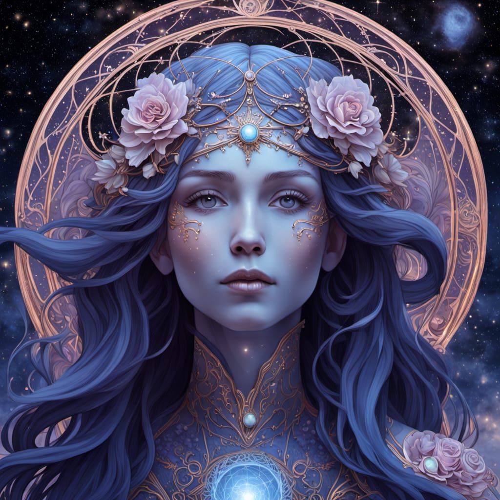 Celestial Woman with Starlight Hair in Art Nouveau Style