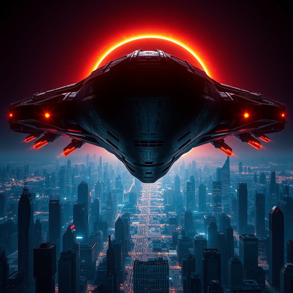 Futuristic Cityscape Under Eclipse with Giant Space Station